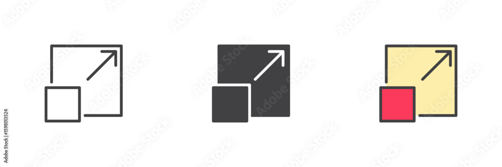 Poster resize screen icon set in line, solid and filled outline style