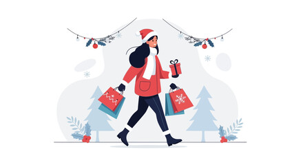 Young Woman Enjoys Festive Holiday Shopping With Presents In Winter Time Season