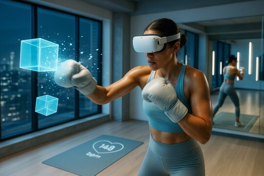Woman boxing in virtual reality workout session wearing VR headset and gloves in modern gym with glowing holographic cubes and city night view. Ai generative