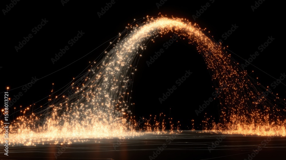 Aufkleber Luminous robotic particles arcing dynamically across dark background, converging into glowing architectural structure representing collaborative technological innovation in swarm robotics
