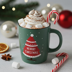 Festive Hot Chocolate Delight with Marshmallows and Candy Cane in 8k.