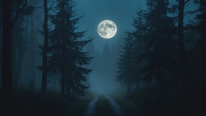Naklejka premium Night forest scene with full moon, tall trees, and foggy atmosphere. Nature and night, scenery. The concept of wilderness and nighttime environment.