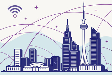 Fototapeta premium Illustration of a city skyline with skyscrapers and a tower with wifi signals and stars above it all