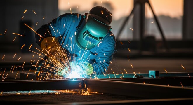 Industrial welder wearing protective gear and using specialized equipment welds a metal frame in a factory, creating a shower of sparks and demonstrating skilled craftsmanship