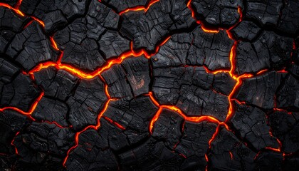 Fiery texture of smoldering coal with glowing hot cracks. Abstract background of burning charcoal and embers.