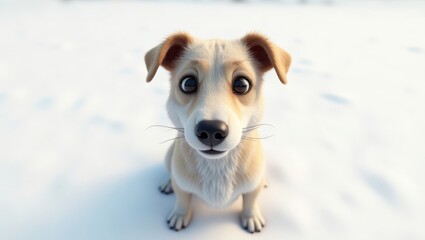 Adorable cartoon dog in snowy landscape.