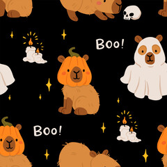 Cute Halloween capybara seamless pattern, spooky cartoon capybaras dressed as mummy, ghost, witch, pumpkin, with gravestone, candles, broom, toilet paper and pumpkins, kawaii animal vector background