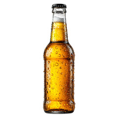 Frosted glass beer bottle with cold condensation beads and slight backlighting for freshness, isolated on transparent white background. --v 7.0 --s 250 --raw