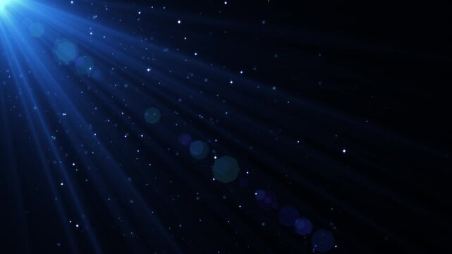 abstract blue background with camera lens flare and shiny glitter dust animation, technology and space motion background