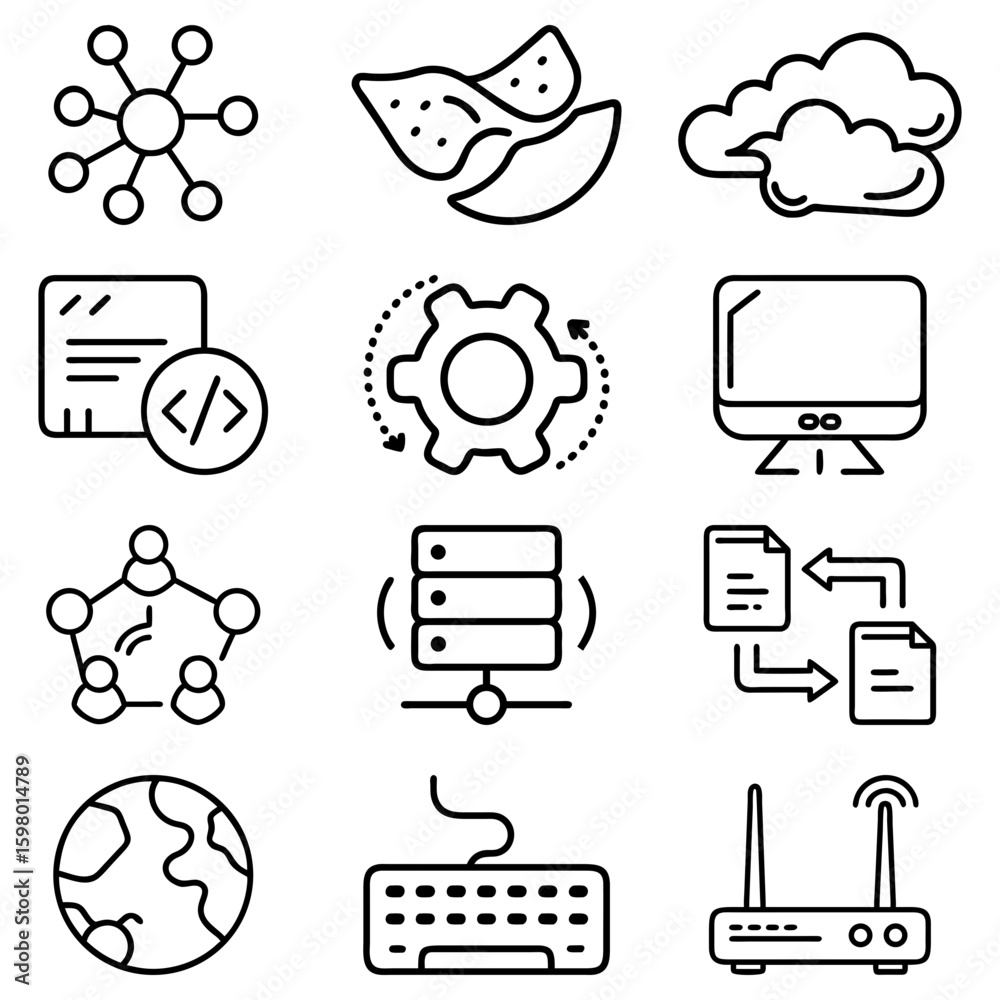 Poster collection of network icons including cloud computing, code, gear, and computer monitor icons set li