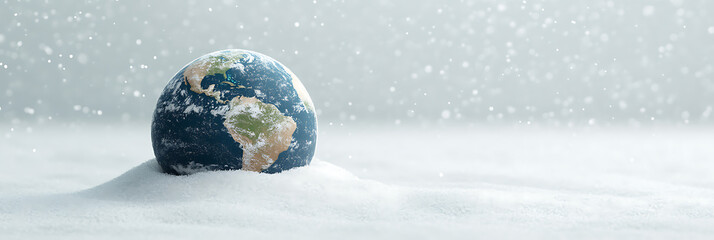 Earth in Winter: A vibrant globe rests on a snowy landscape amidst falling snowflakes, symbolizing a changing climate and the planet's vulnerability.