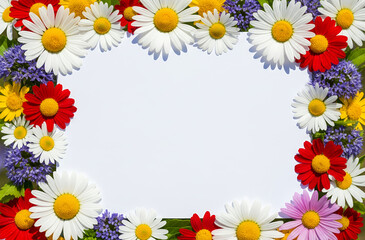 Obraz premium Playful Card with Colorful Daisy Floral Border and Clean Center