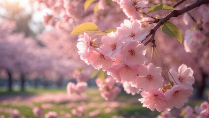 Cherry blossoms in bloom during spring season with pink flowers and green leaves. Nature and floral scenery. Tranquil and beautiful outdoor environment.