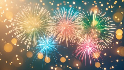 Colorful fireworks display with bright bursts of light and bokeh effects.