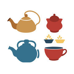 Specialty Tea Pot Icons. Solid, filled icon set of specialty tea pots and spouts: travel teapot, side-handle pot, tiny clay pot,
