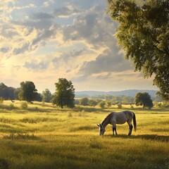 Solitary donkey in wide open grassy land high resolution picture