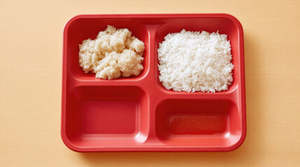 Compartmentalized red tray with rice placed on a wooden surface. Simplicity, minimalistic, meal arrangement