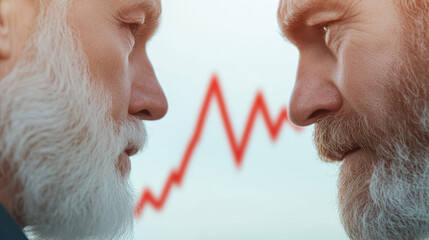 Two elderly men with beards face each other, and a zigzag line resembling a heartbeat is in the background. Concept: confrontation, seriousness, analysis