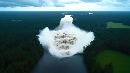 River water rushes dramatically through a forested area, creating powerful waves. Concept: Nature's power and flow