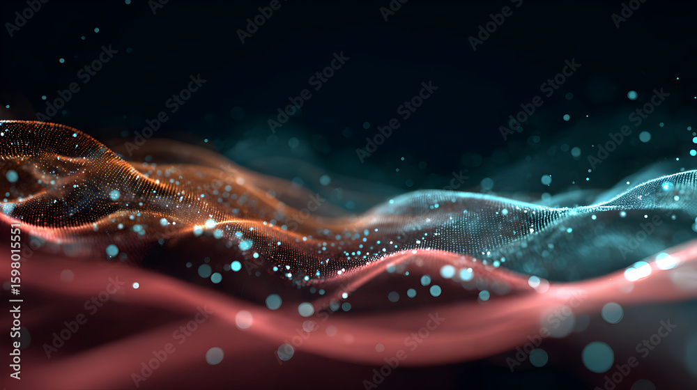 Poster abstract flowing particle waves background visual effect of dynamic digital network glowing particle