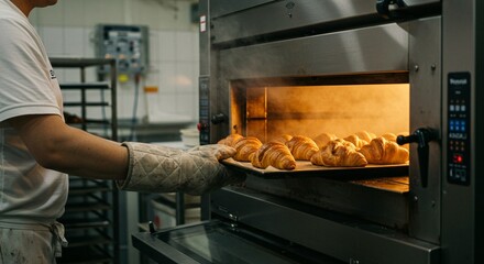 Baker taking croissants out of the oven with a quilted oven mitt. Freshly baked goods cooling down in the warm industrial kitchen.