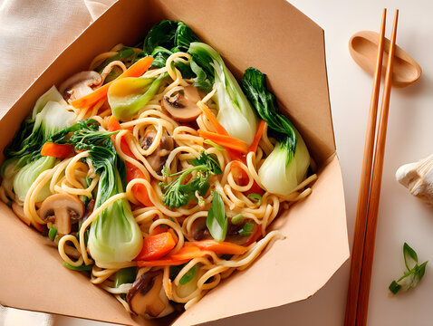 stir fried noodles with vegetables in take out box.