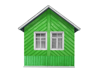 Small green wooden house facade with white windows and pitched roof is isolated.