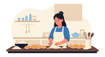 Young Woman Prepares Sweet Buns Dough In Kitchen For Breakfast Vector Illustration