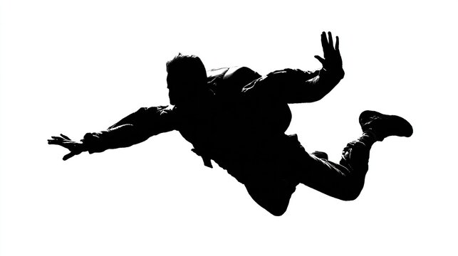 A dynamic silhouette of a person in mid-air, arms outstretched, legs extended, suggesting a skydiving or BASE jumping pose.  The figure wears a backpack, 