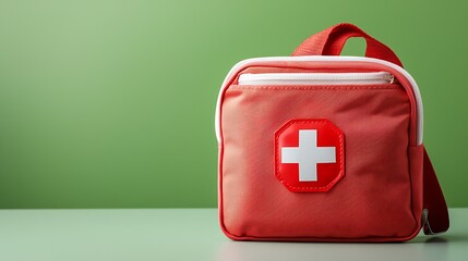 Compact Red First Aid Kit on a Green Background for Health and Safety Preparedness