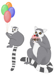Cute ring-tailed lemurs with balloons and cupcake, hand drawn cartoon animals for kids fabric, birthday decor and nursery illustration Without background 