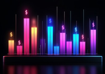 Colorful neon bar graph with glowing dollar signs representing financial data and market trends on a dark background