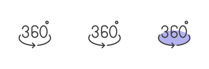 360 degree icon set in line, solid and filled outline style