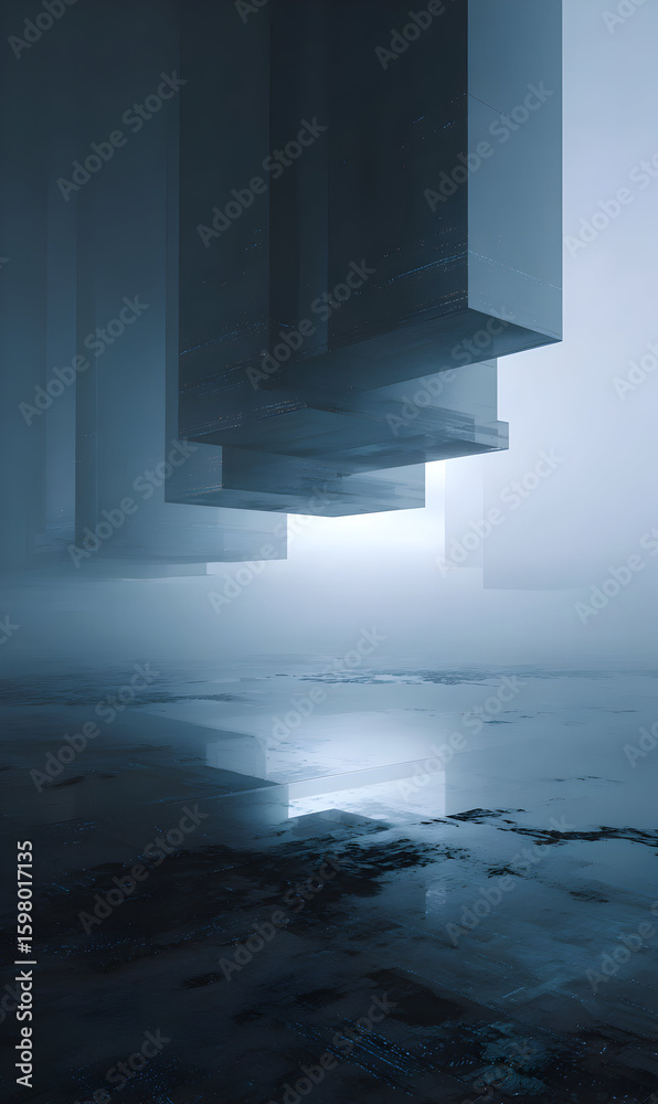 Poster abstract architecture in misty urban environment with floating rectangular forms evoking mystery and