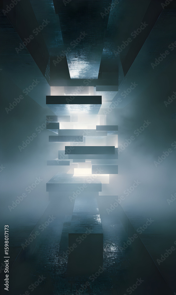 Poster abstract geometric forms create a light filled tunnel of minimalist contemporary architecture with a