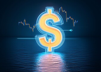 Neon dollar symbol glowing against dark background with financial graph and water reflection, representing wealth and investment concepts