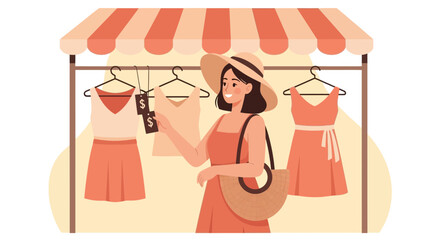 Young Woman Shops For Stylish Dresses At A Summer Outdoor Fashion Market