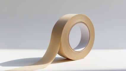 Roll of beige masking tape with a section unwound on a plain white surface.