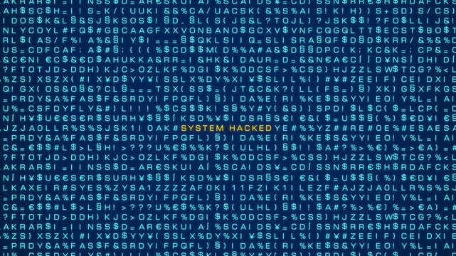 System hacked, computer warning sign. Random letters, signs, computer code, bits and bytes. System message, cyber attack, threat, network security, virus, computer crime. 3D animation