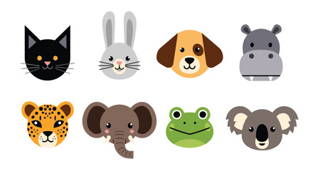 Fototapeta premium Collection of adorable pixel art animal faces featuring a cat rabbit dog hippopotamus leopard elephant frog and koala