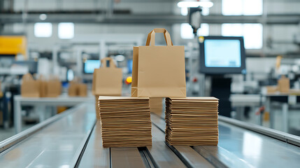 Brown paper packaging on a conveyor belt, showcasing efficient distribution and production. Sustainable practices are evident in the use of earth-friendly materials.