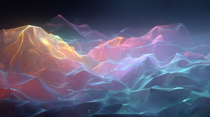 Abstract terrain landscape with holographic textures colorful mountain range geometric structure visualization for digital art background design or