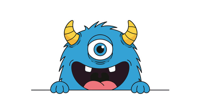 Naklejki Cute blue cyclops monster peeking over a white surface with a big smile and yellow horns