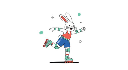 Fototapeta premium Energetic cartoon rabbit enjoying roller skating with protective gear on a white background
