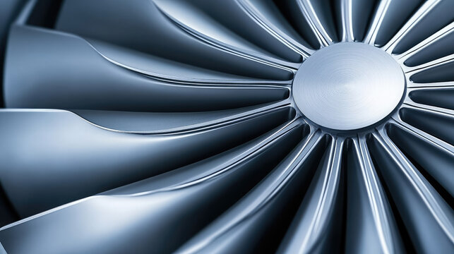Airplane turbine blades in a close-up view, showcasing their metallic structure.  