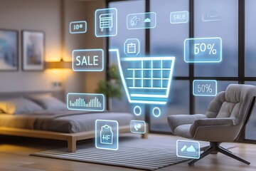 Modern bedroom interior with virtual shopping cart and sale icons illustrating online retail and consumer experience