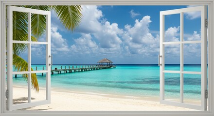 Tropical beach scene through open window ocean view vacation destination