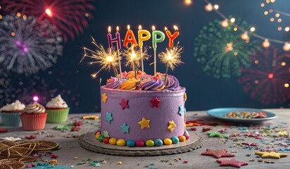 A vibrant birthday cake with purple frosting, adorned with colorful star decorations, sits on a festive table. Topped with candles spelling HAPPY and sparklers, the cake is flanked by two cupcakes and