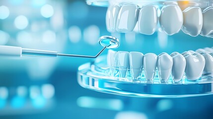 Dental care model showing healthy teeth with a dental mirror for educational and professional purposes in dentistry