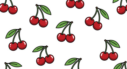A delightful pattern of fresh red cherries with green leaves on a white background for design and decoration
